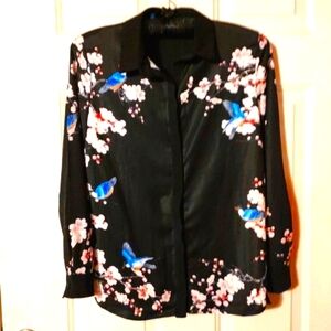 🐦🖤🐦 Gorgeous Whimsical Cherry Blossom Blue Bird Silky Soft Black Blouse - L